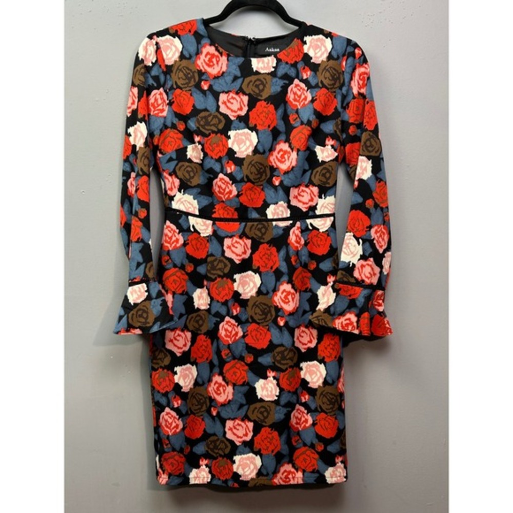 Aakaa Floral Print‎ Dress Women's Small Long Sleeve Fit Flare Career Party